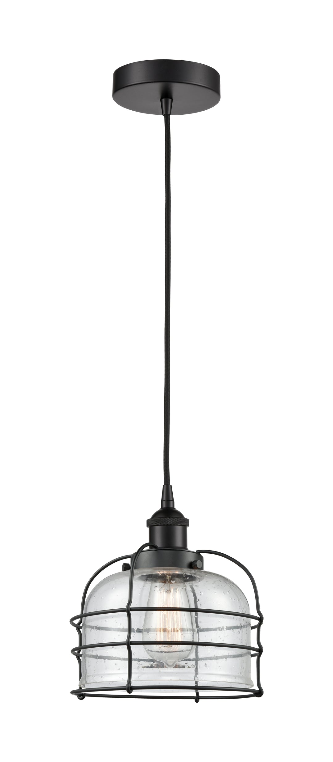 Innovations Lighting Bell Cage 9" Mini Pendant - Matte Black Mini-Pendants Innovations Lighting Seedy ; Glass Type: Seeded  