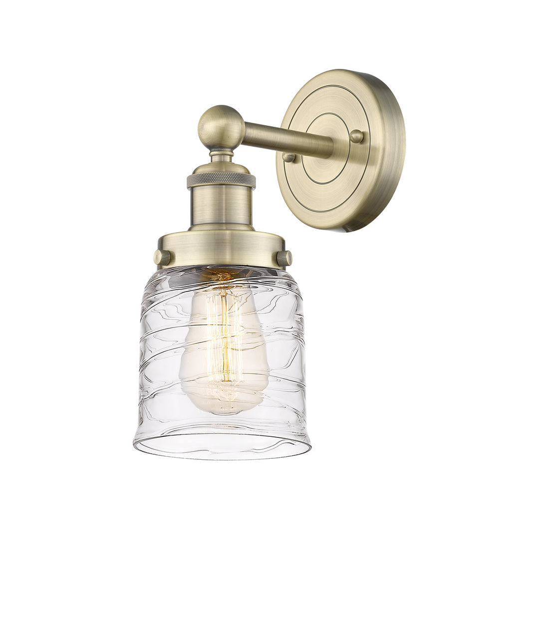 Innovations Lighting Bell 5" Sconce - Antique Brass Wall Sconces Innovations Lighting Clear Deco Swirl ; Glass Type: Colorful; Ribbed  