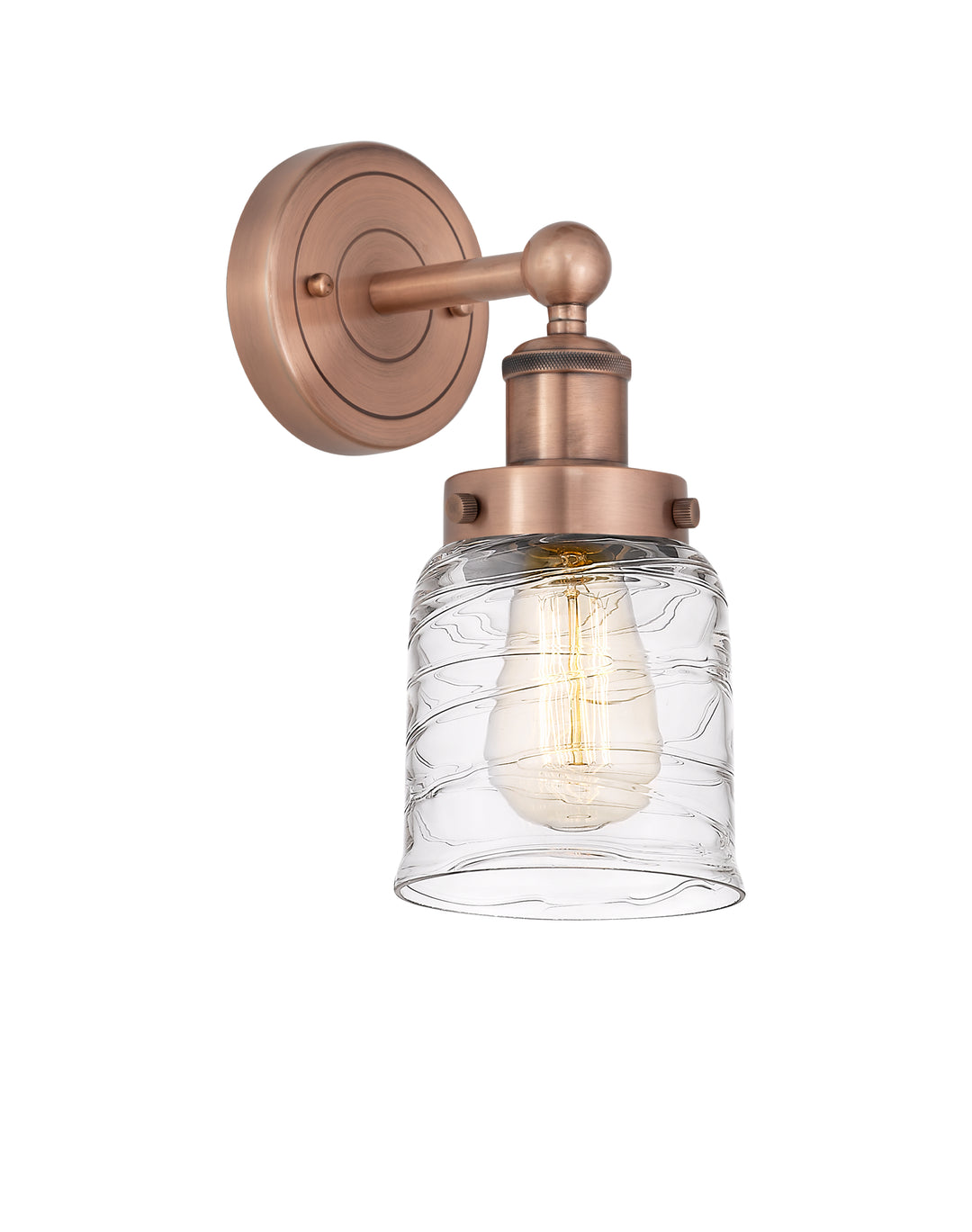 Innovations Lighting Bell 5" Sconce - Antique Copper Wall Sconces Innovations Lighting Clear Deco Swirl ; Glass Type: Colorful; Ribbed  