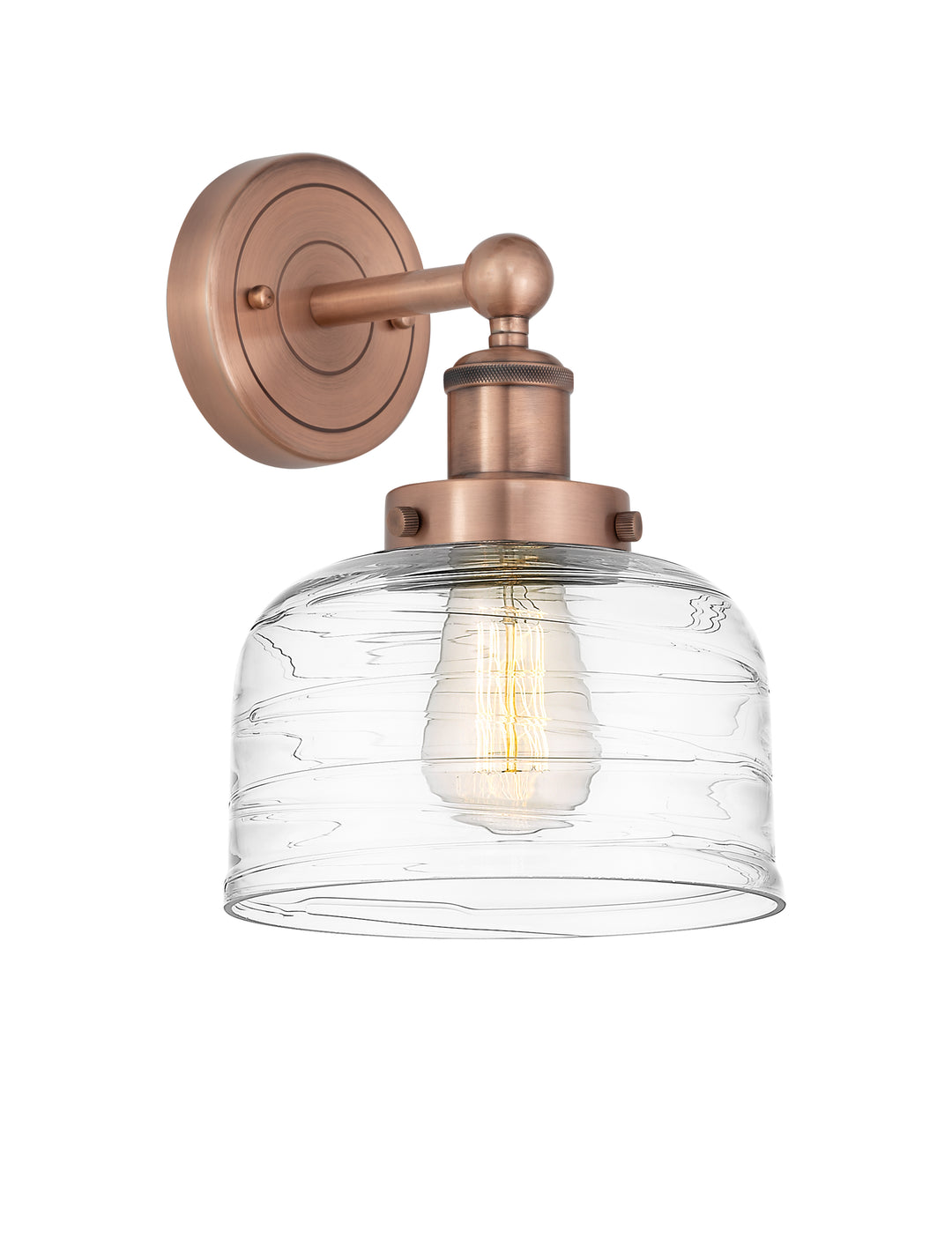 Innovations Lighting Bell 8" Sconce - Antique Copper Wall Sconces Innovations Lighting Clear Deco Swirl ; Glass Type: Colorful; Ribbed  