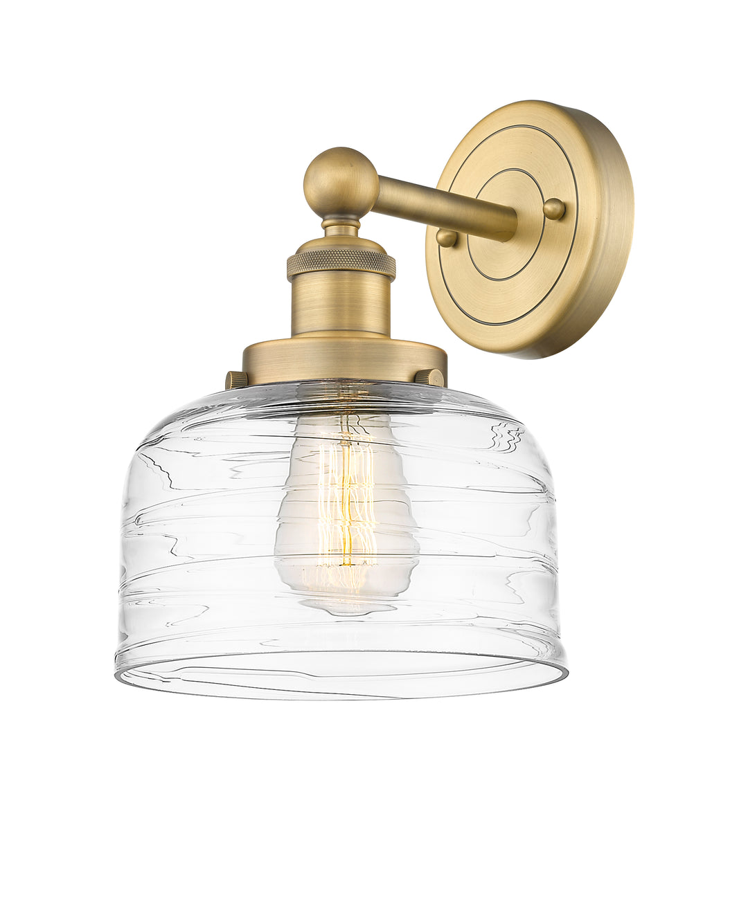 Innovations Lighting Bell 8" Sconce - Brushed Brass Wall Sconces Innovations Lighting Clear Deco Swirl ; Glass Type: Colorful; Ribbed  