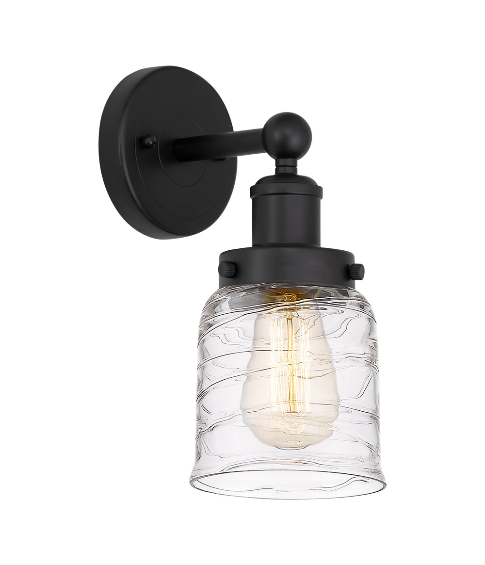 Innovations Lighting Bell 5" Sconce - Matte Black Wall Sconces Innovations Lighting Clear Deco Swirl ; Glass Type: Colorful; Ribbed  