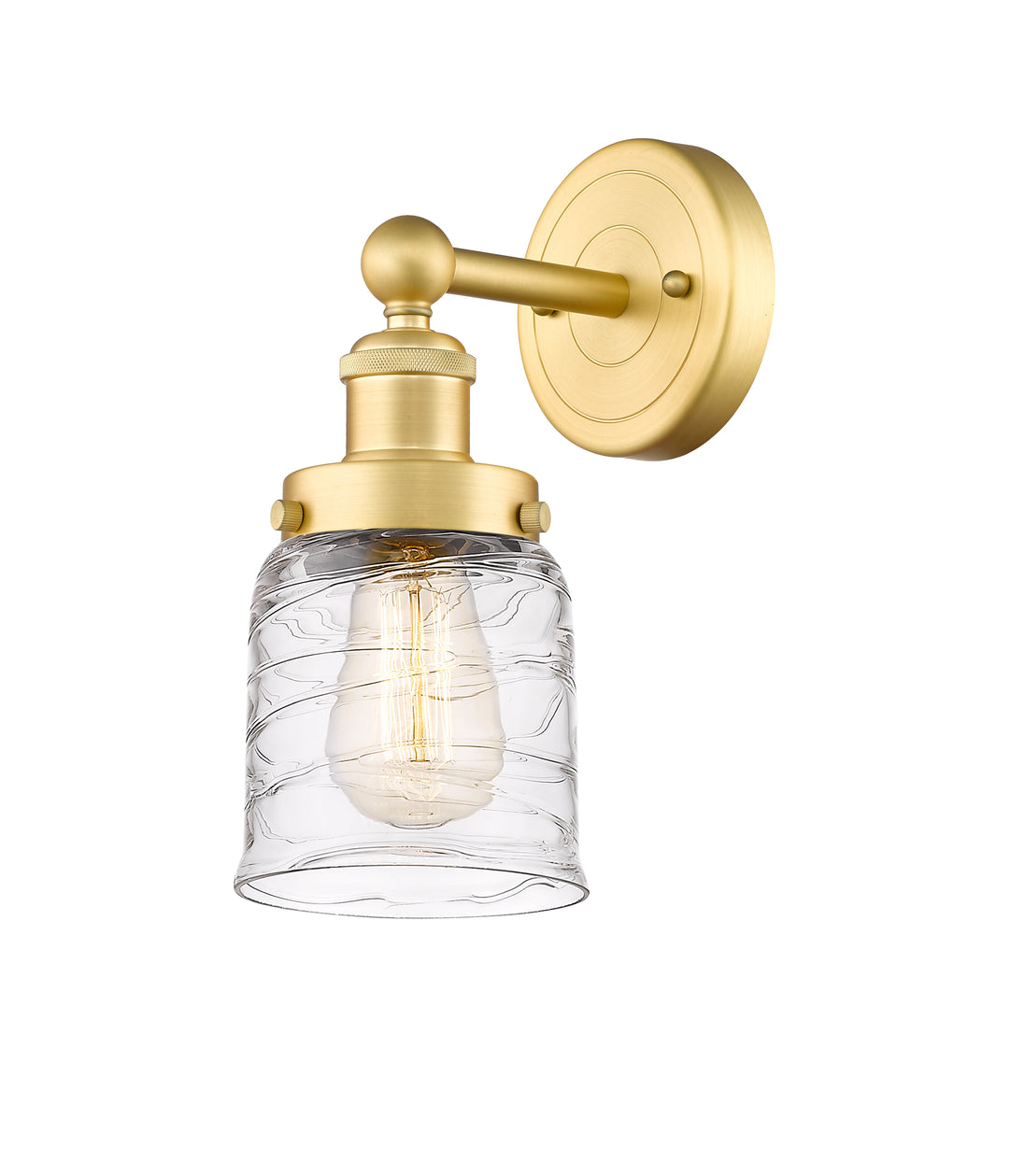 Innovations Lighting Bell 5" Sconce - Satin Gold Wall Sconces Innovations Lighting Clear Deco Swirl ; Glass Type: Colorful; Ribbed  