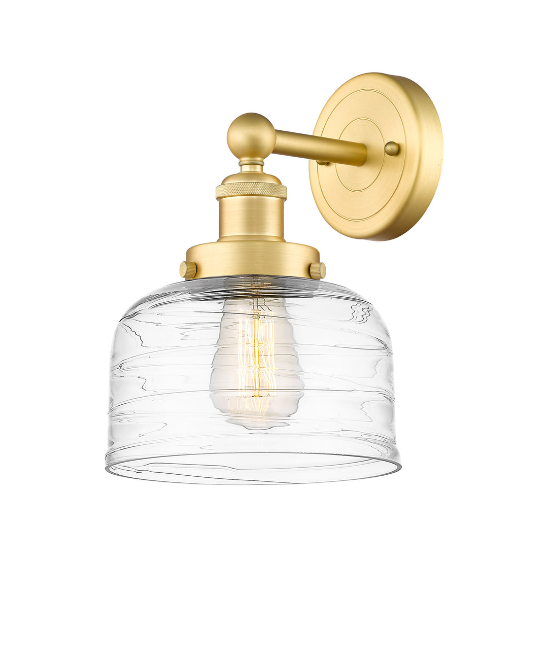 Innovations Lighting Bell 8" Sconce - Satin Gold Wall Sconces Innovations Lighting Clear Deco Swirl ; Glass Type: Colorful; Ribbed  