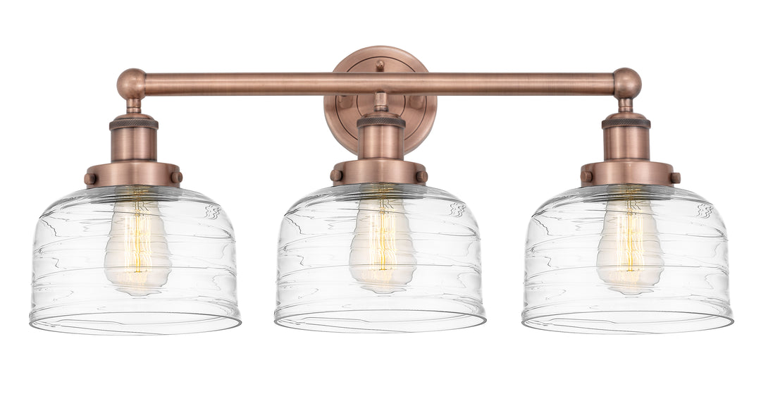 Innovations Lighting Bell 8" Bath Vanity Light - Antique Copper Vanity Lights Innovations Lighting Clear Deco Swirl ; Glass Type: Colorful; Ribbed  