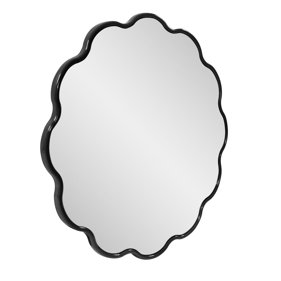 Howard Elliott Collection Kushi Round Scalloped Edge Mirror in Glossy Black Mirrors Howard Elliott Collection   