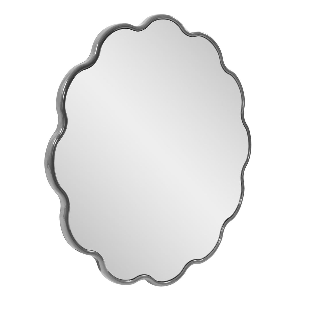 Howard Elliott Collection Kushi Round Scalloped Edge Mirror in Glossy Charcoal Gray Mirrors Howard Elliott Collection   