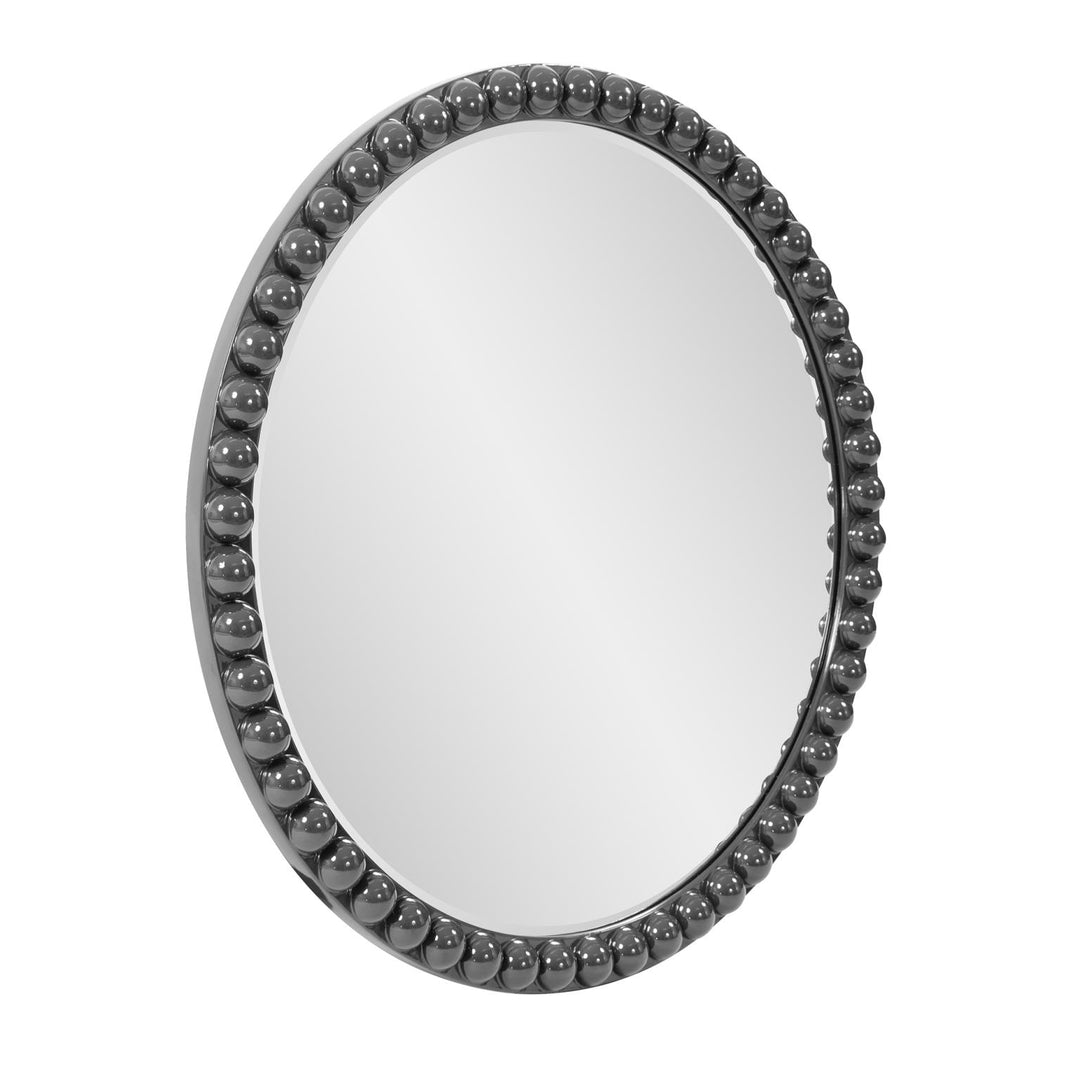 Howard Elliott Collection Varsha Round Oversized Beaded Mirror in Glossy Charcoal Gray Mirrors Howard Elliott Collection   