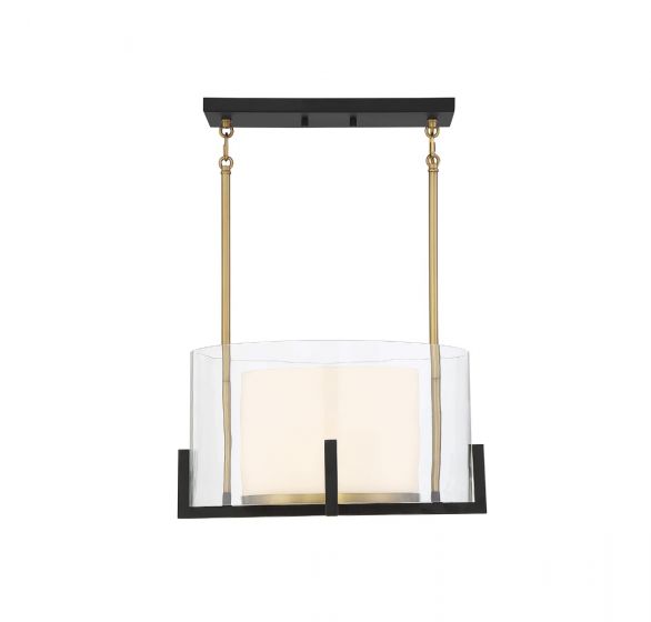 Savoy House Eaton Pendant Pendant Savoy House Matte Black with Warm Brass Accents 1 Clear Outer Glass, White Opal Chimney Glass