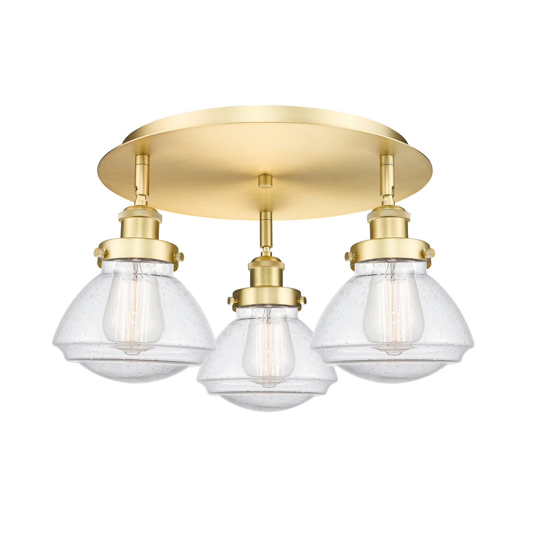 Innovations Lighting Olean Flush Mount - Satin Gold Ceiling Flush Mounts Innovations Lighting Seedy ; Glass Type: Seeded  