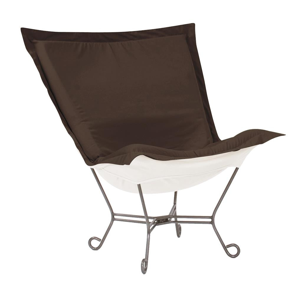 Howard Elliott Collection Patio Scroll Puff Chair Seascape Chocolate Titanium Frame