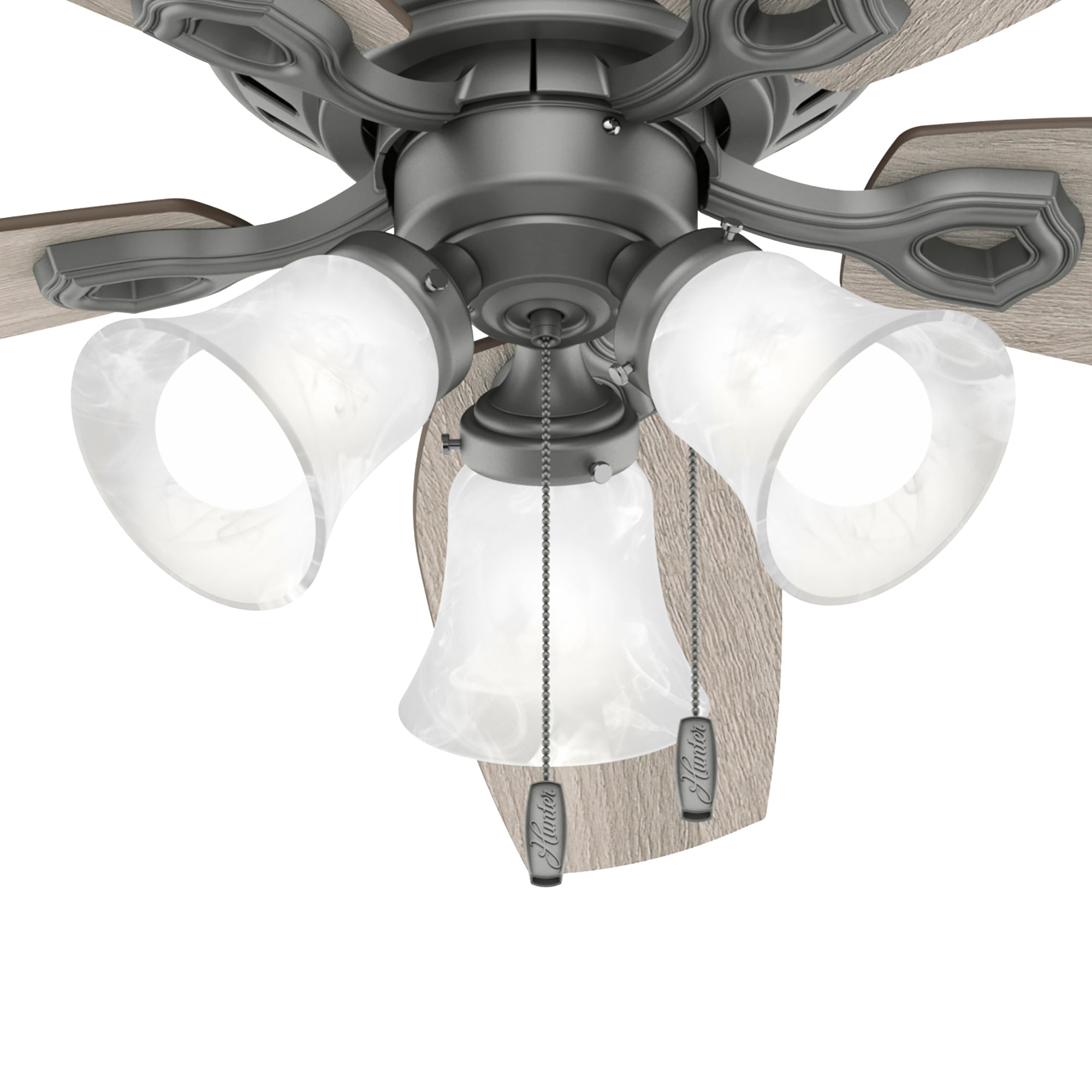 Hunter 52 inch Builder Low Profile Ceiling Fan with LED Light Kit and Pull Chain Ceiling Fan Hunter Matte Silver Warm Grey Oak / Light Gray Oak Swirled Marble