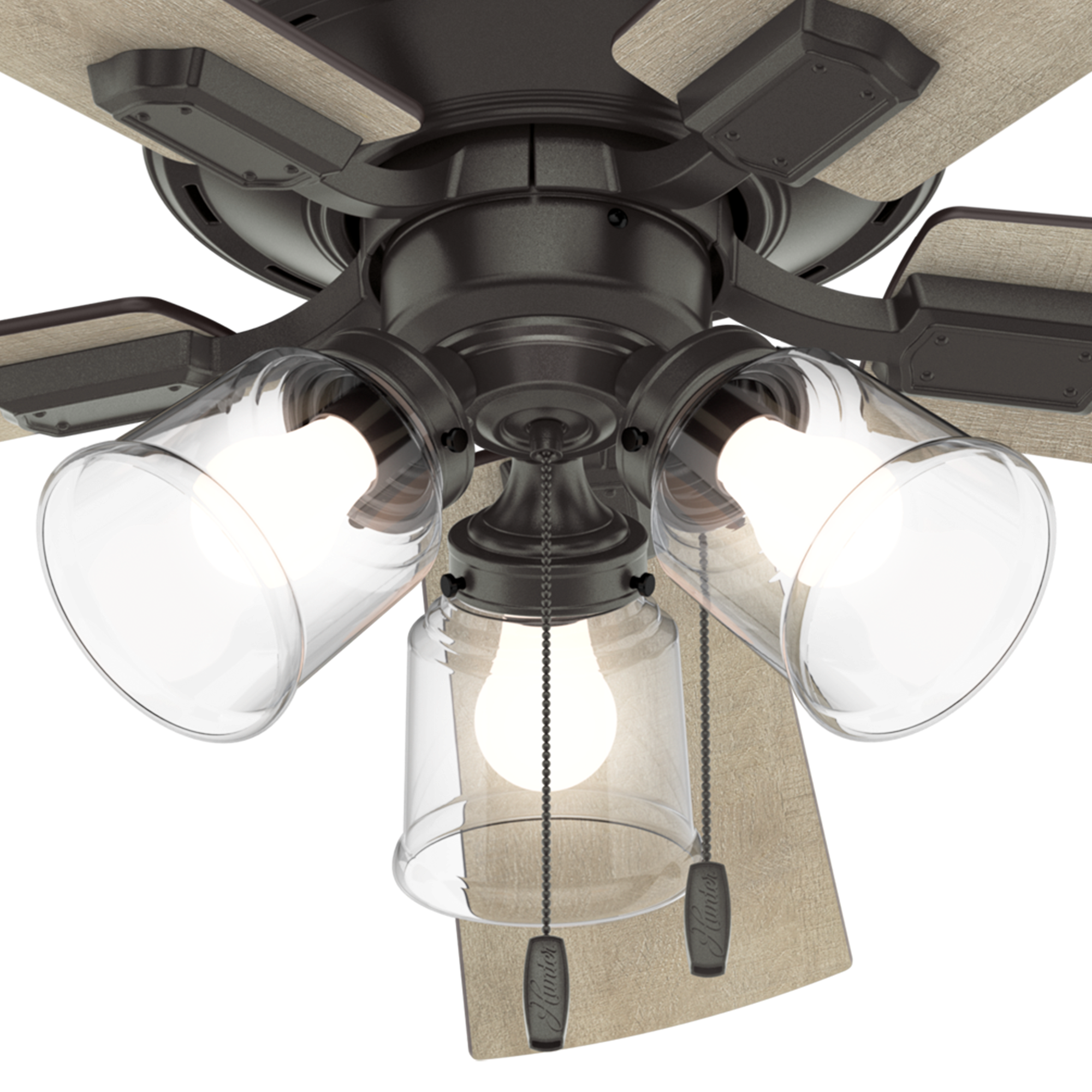 Hunter 52 inch Crestfield Low Profile Ceiling Fan with LED Light Kit and Pull Chain Indoor Ceiling Fans Hunter Noble Bronze Bleached Grey Pine / Greyed Walnut Clear