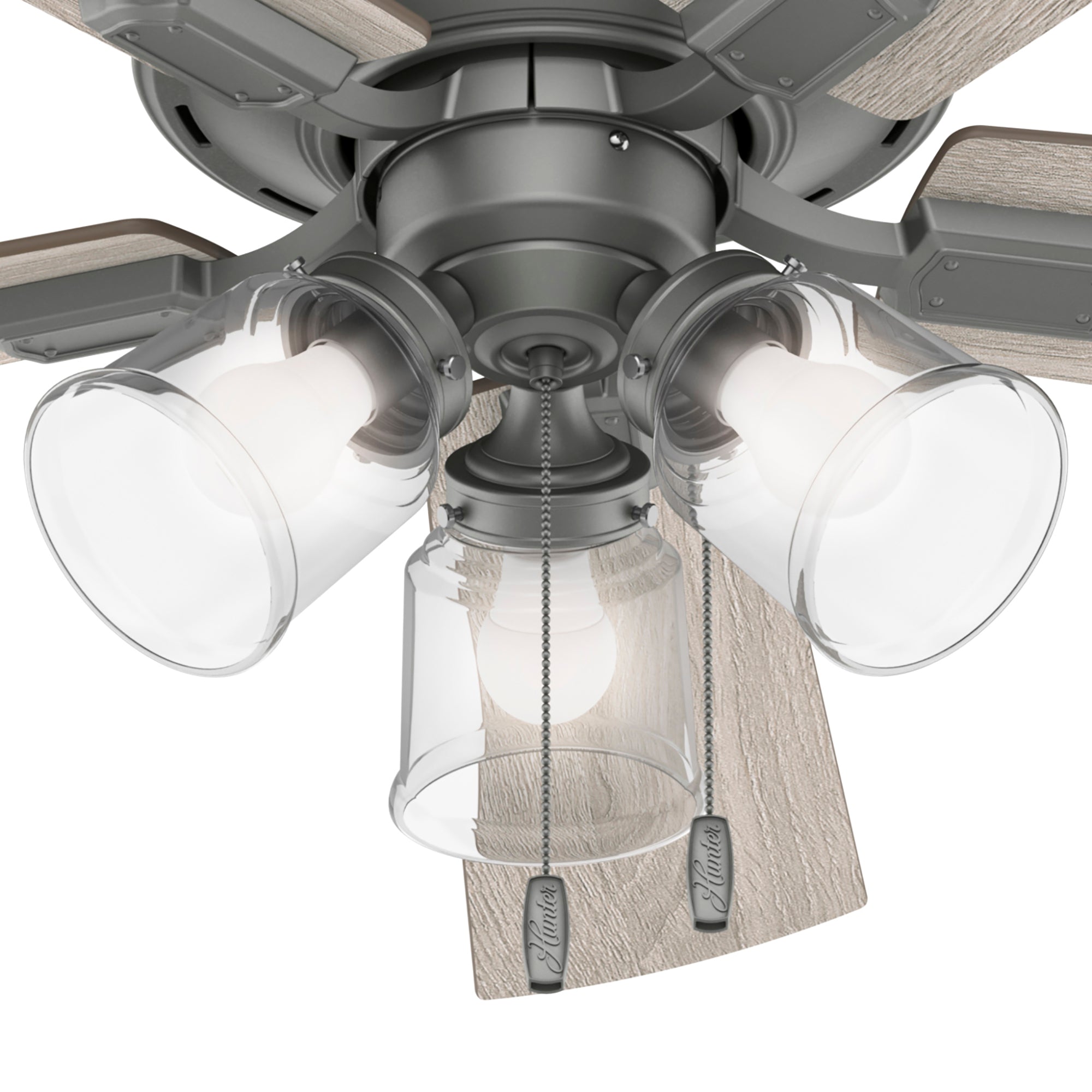 Hunter 52 inch Crestfield Low Profile Ceiling Fan with LED Light Kit and Pull Chain Ceiling Fan Hunter Matte Silver Light Gray Oak / Warm Grey Oak Clear