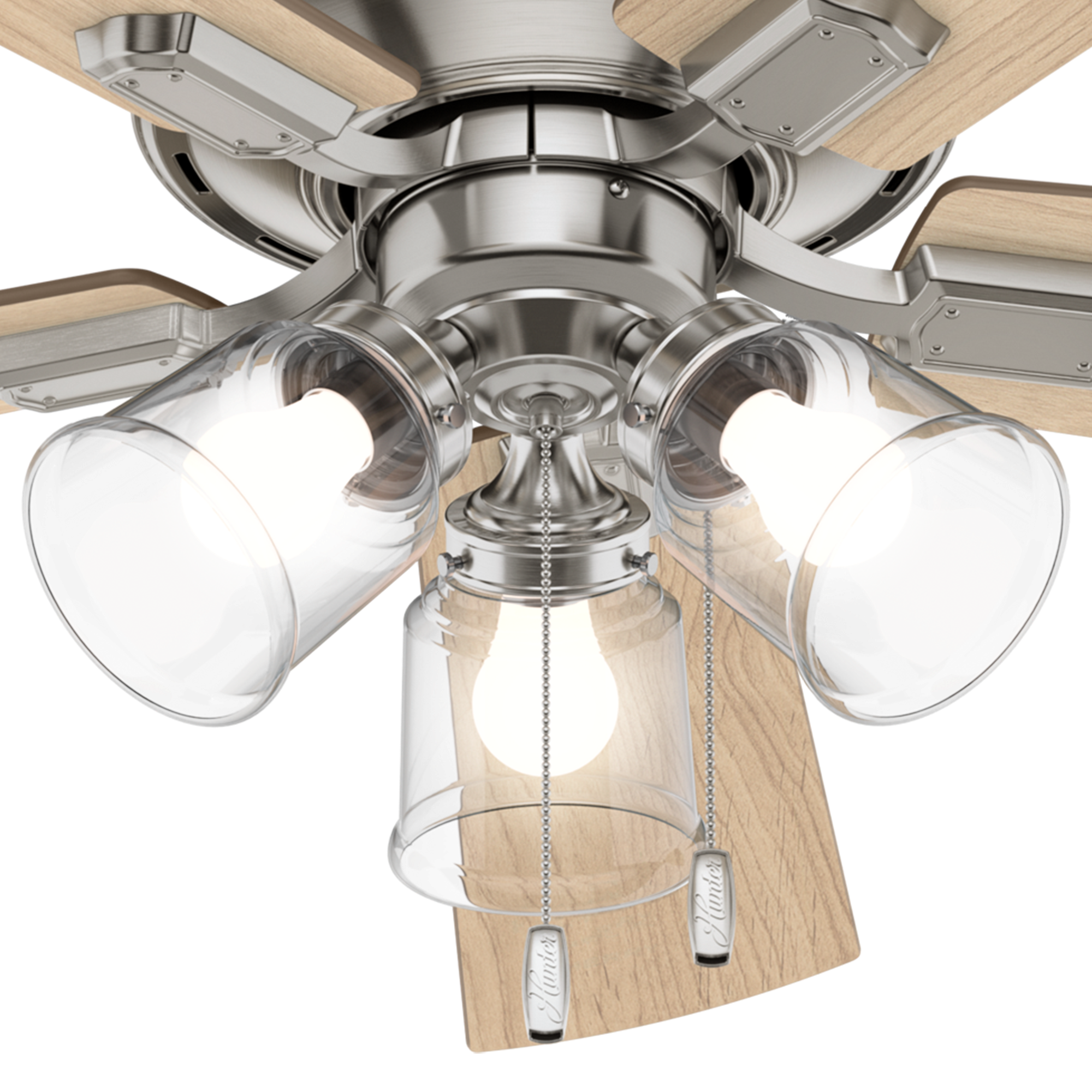 Hunter 52 inch Crestfield Low Profile Ceiling Fan with LED Light Kit and Pull Chain Indoor Ceiling Fans Hunter Brushed Nickel Bleached Grey Pine / Natural Wood Clear