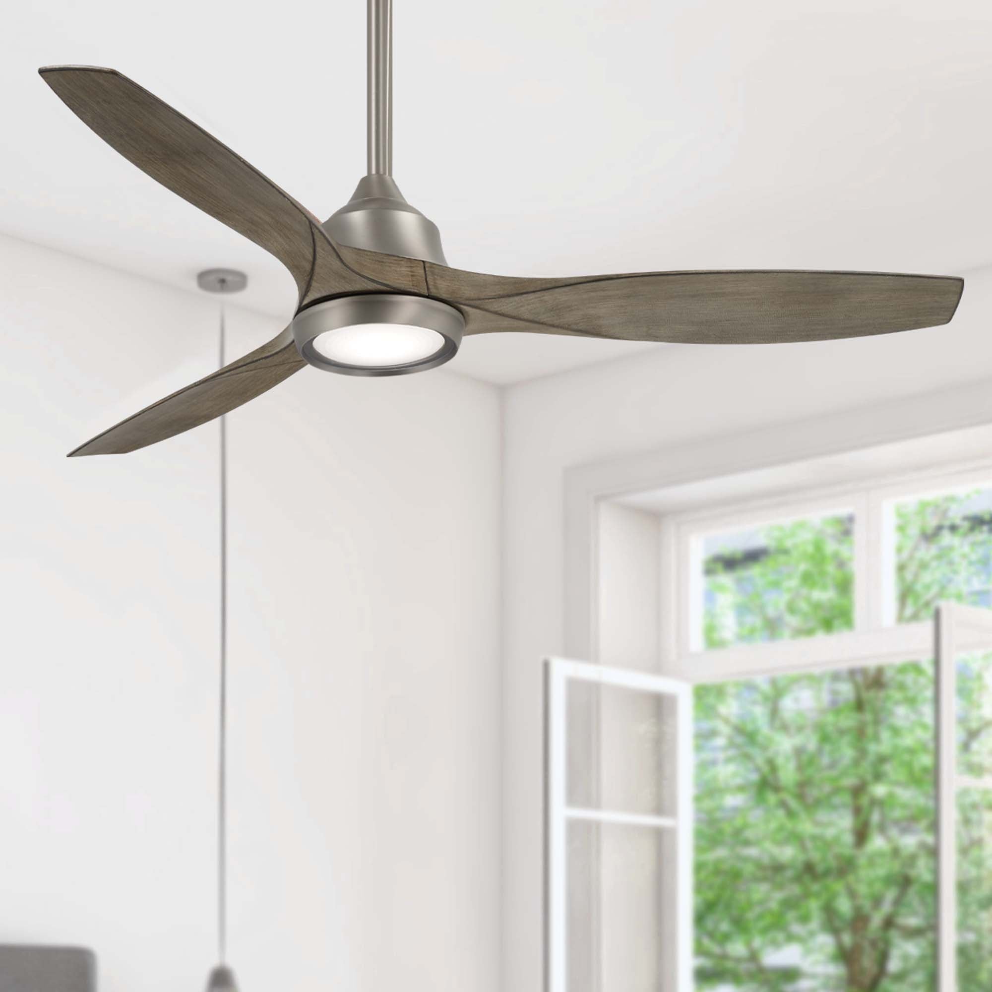 Minka Aire Skyhawk 60" Ceiling Fan with LED Light Kit F749L Indoor Ceiling Fans Minka-Aire Burnished Nickel Finish with Hand Carved Wood Driftwood Blades  