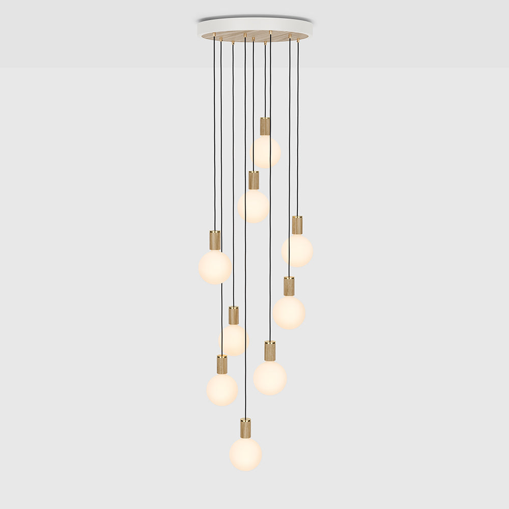 Tala Nine Pendant with Large Canopy and Sphere IV Bulbs Pendant Tala White Powder Coated Steel, Oak Veneer, Oak & Glass  