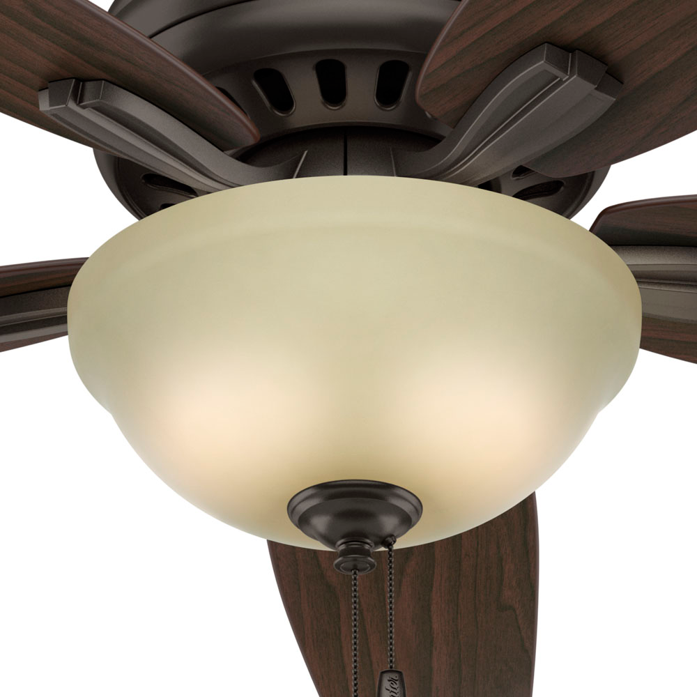 Hunter 52 inch Newsome Ceiling Fan with LED Light Kit and Pull Chain Ceiling Fan Hunter Premier Bronze Roasted Walnut / Yellow Walnut Frosted Amber