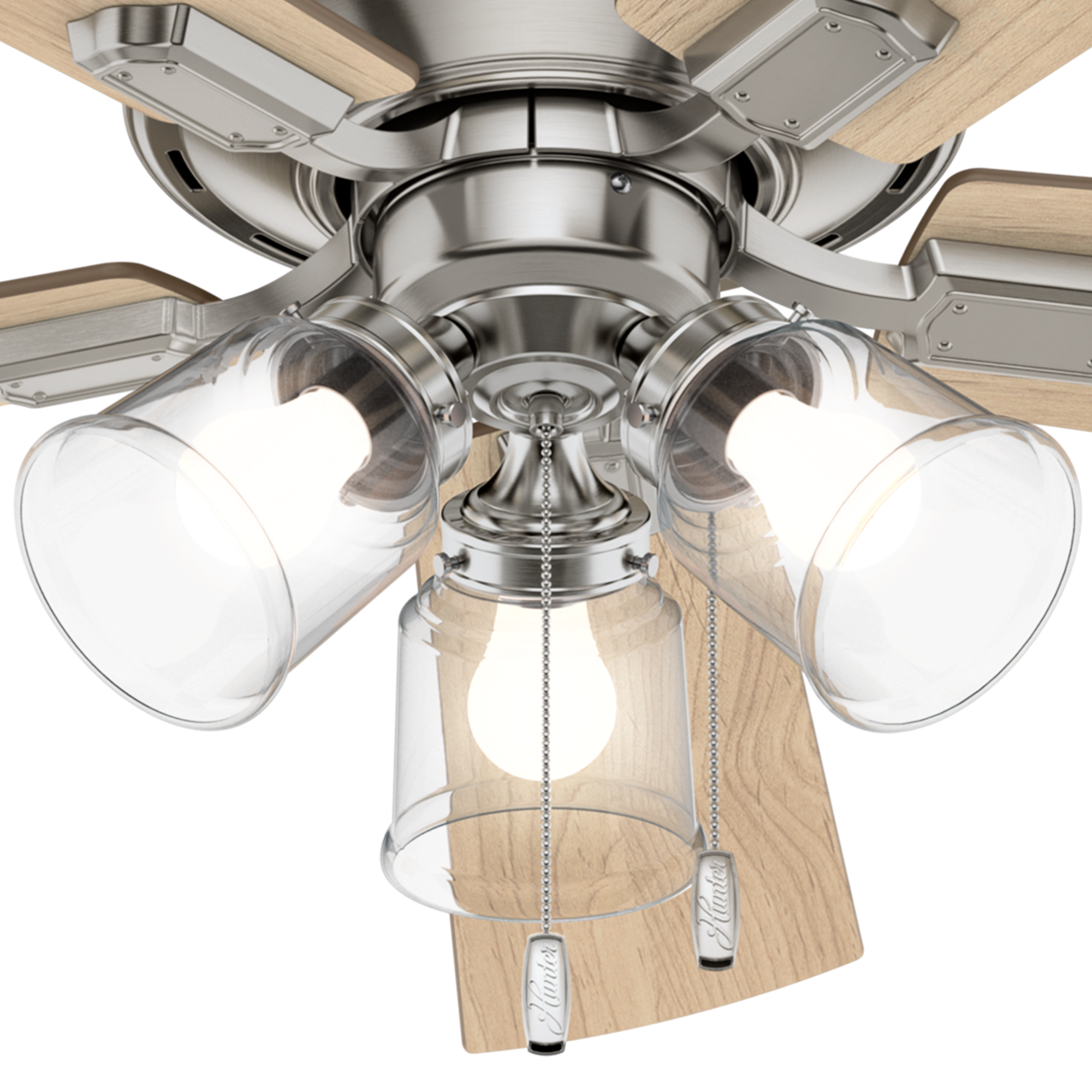 Hunter 52 inch Crestfield Ceiling Fan with LED Light Kit and Pull Chain Indoor Ceiling Fans Hunter Brushed Nickel Bleached Grey Pine / Natural Wood Clear