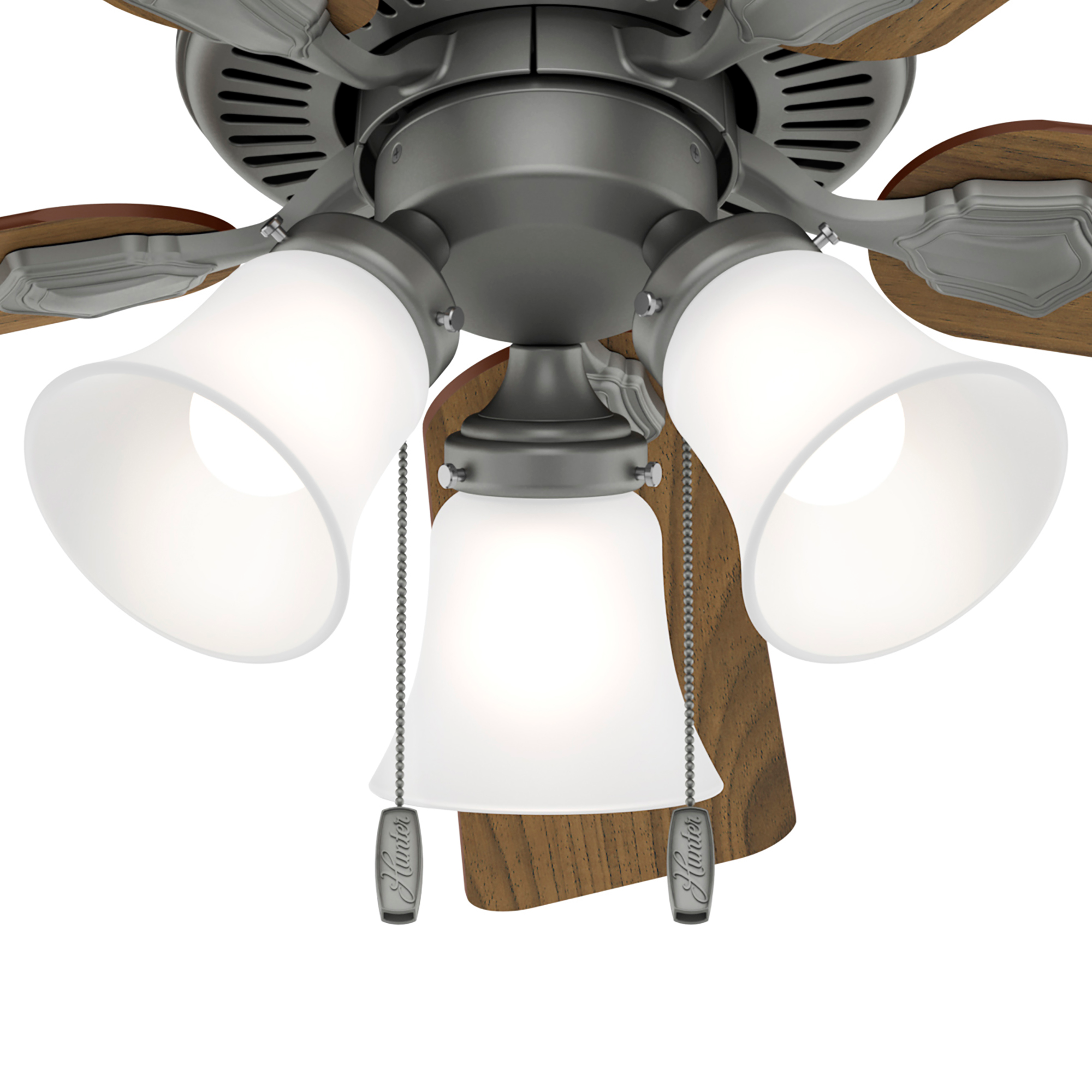 Hunter 44 inch Swanson Ceiling Fan with LED Light Kit and Pull Chain Indoor Ceiling Fans Hunter Matte Silver Autumn Walnut / Natural Wood Clear Frosted