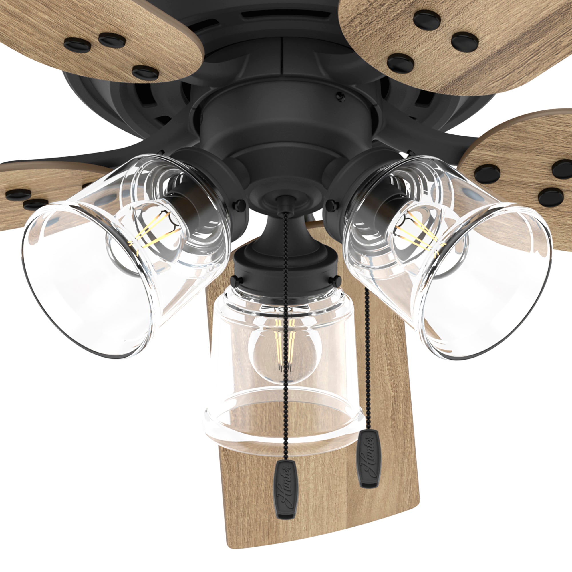 Hunter 52 inch Shady Grove Low Profile Ceiling Fan with LED Light Kit and Pull Chain Indoor Ceiling Fans Hunter Matte Black Golden Maple / Natural Oak Clear